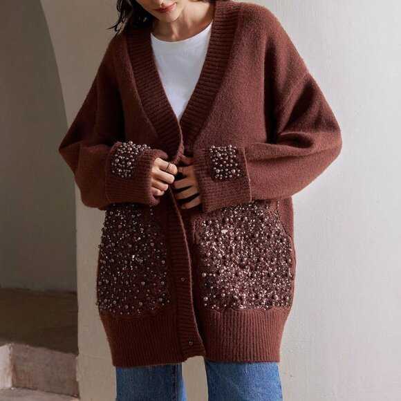 Coffee Brown Sequin and Faix Pearl detailed Women's Oversized sweater Cardigan - Picture 6 of 8